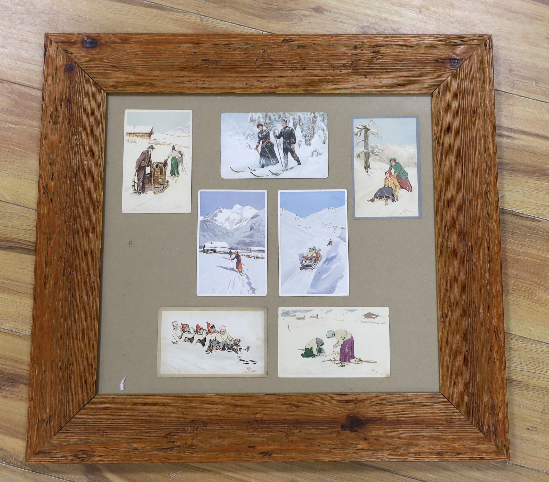 Carlo Pellegrini (1866-1937), seven assorted ski-ing theme postcards, framed as one